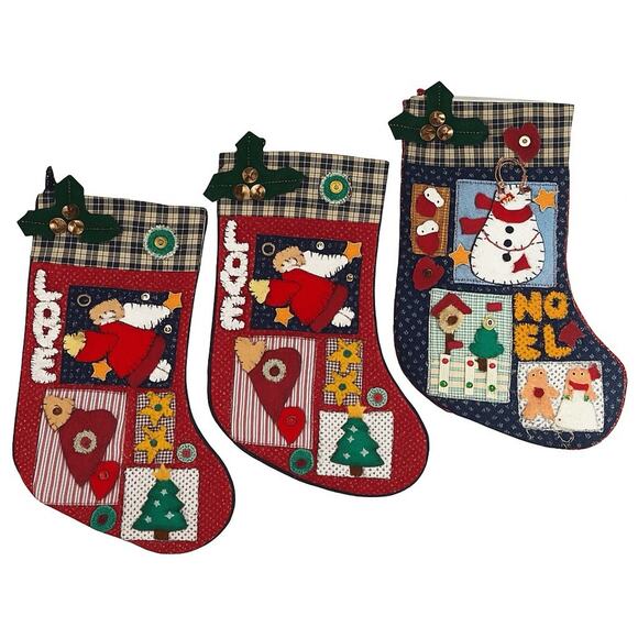 VTG 1990s Lot of 3 Quilted Patchwork Christmas Stockings 19” Angel Snowman Read - Picture 2 of 11